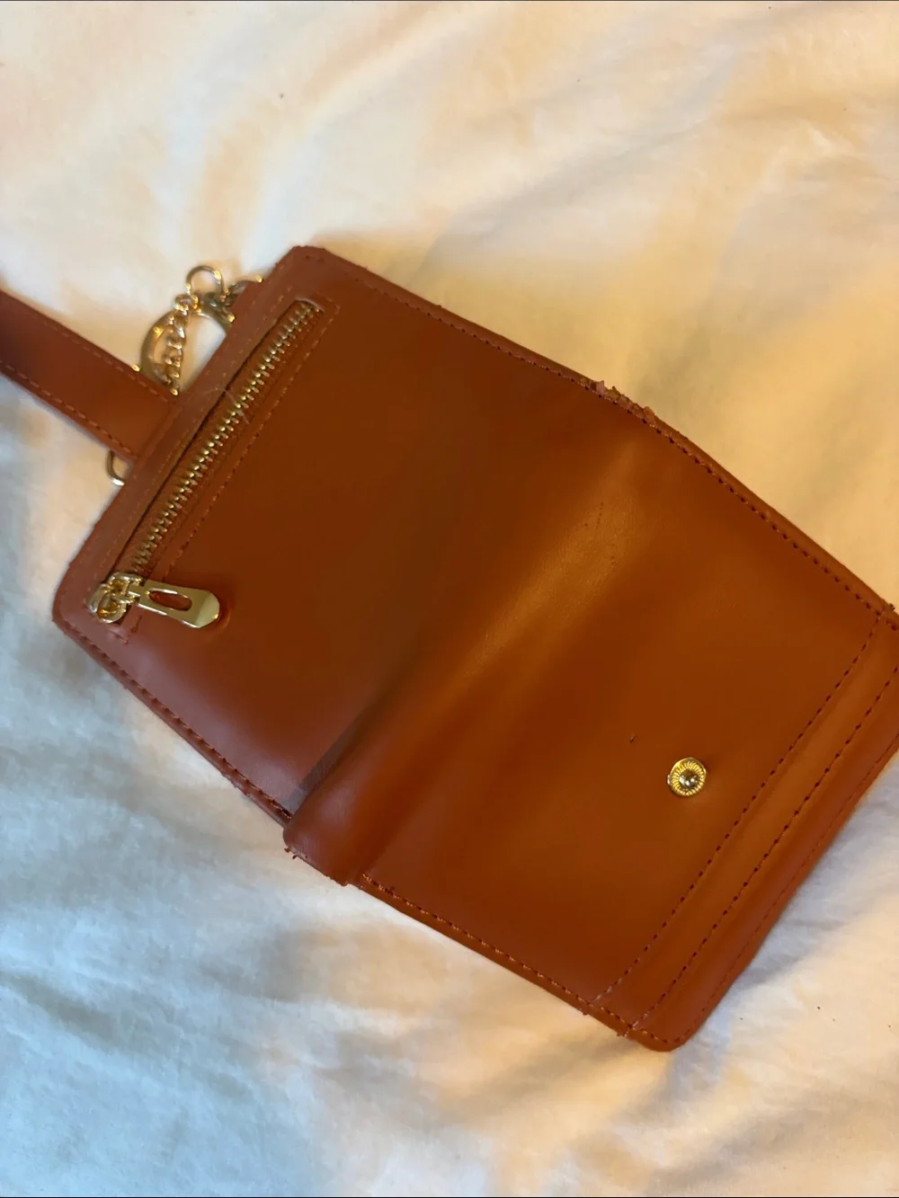 Women's Tan Faux Leather Card & Key Holder with Snap Strap